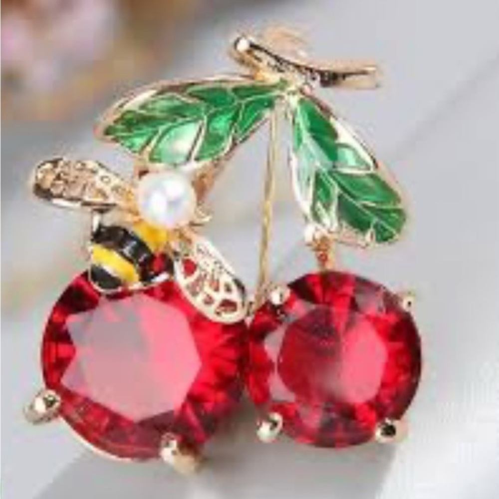 Red Gemstone Bee and cherry Leaf Brooch pin